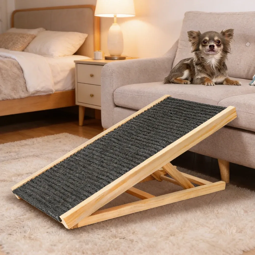 Rampe en bois pliable posée contre un lit et une table de chevet, avec un petit chien sur le canapé