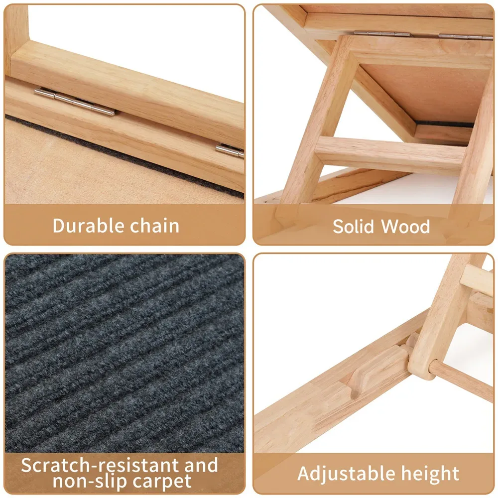 Détails de la rampe : charnières, bois massif, moquette antidérapante et hauteur réglable