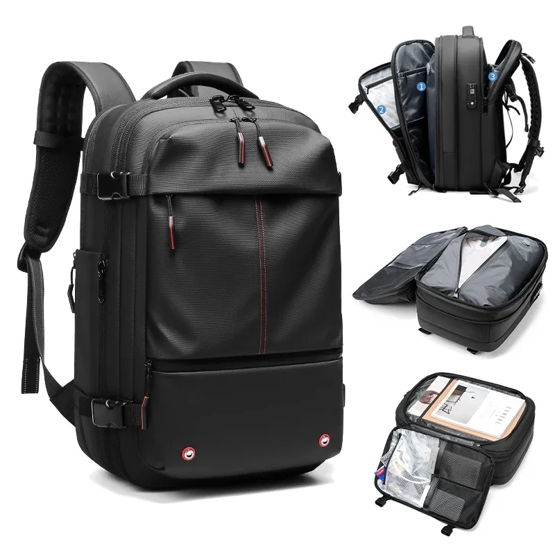 Sac à dos de voyage noir et détails de l'intérieur et des compartiments