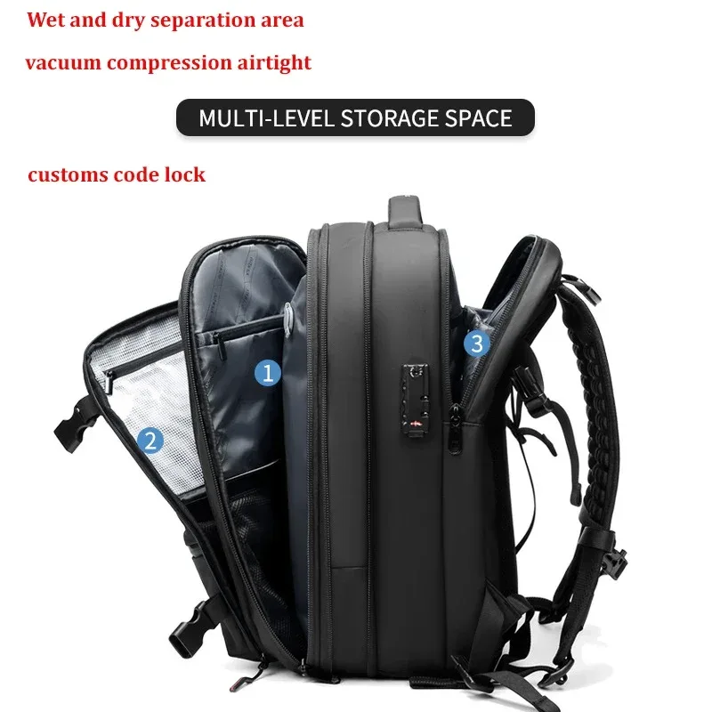 Sac à dos ouvert montrant ses compartiments, la compression sous vide et le cadenas à code