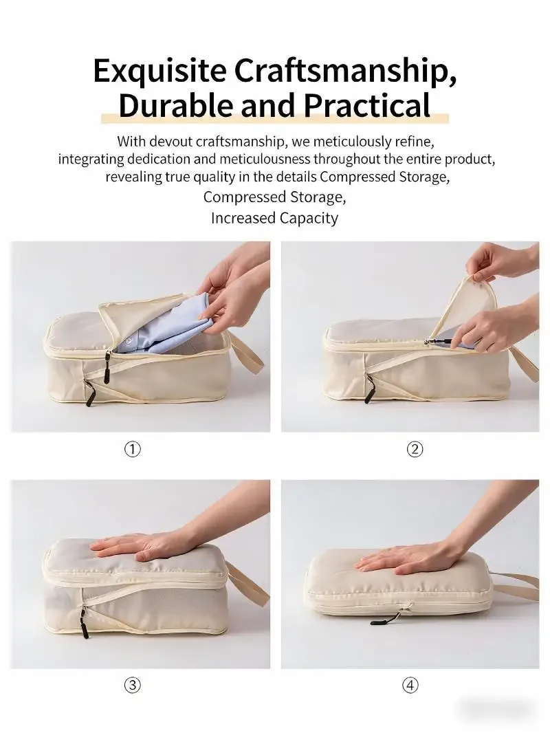 Les quatre étapes pour remplir un sac, fermer la fermeture éclair puis compresser le contenu (exemple en beige)