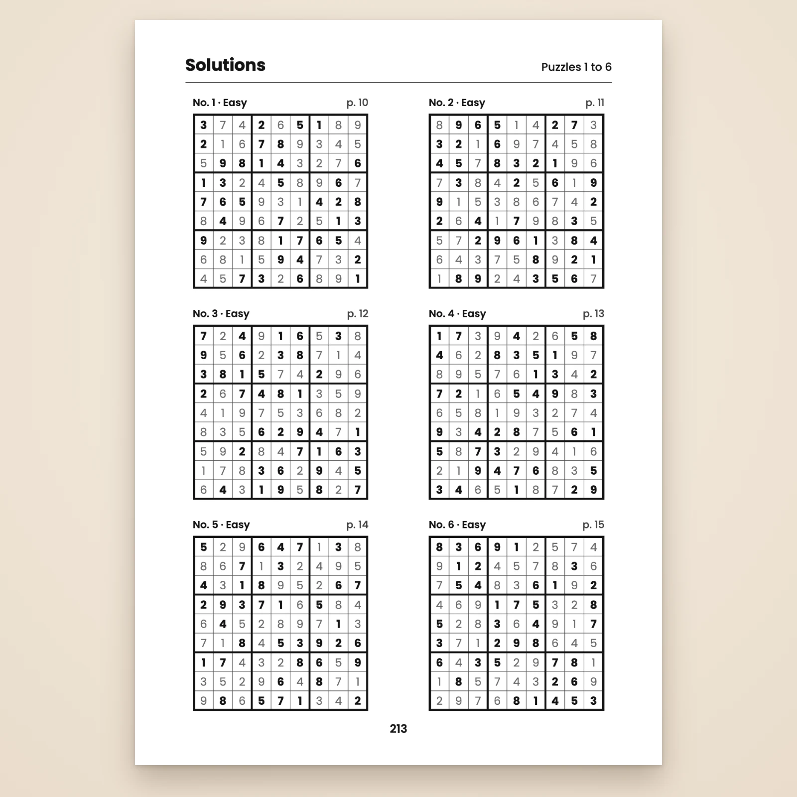 Solutions page for puzzles 1 to 6: six solved grids, with the starting numbers in bold