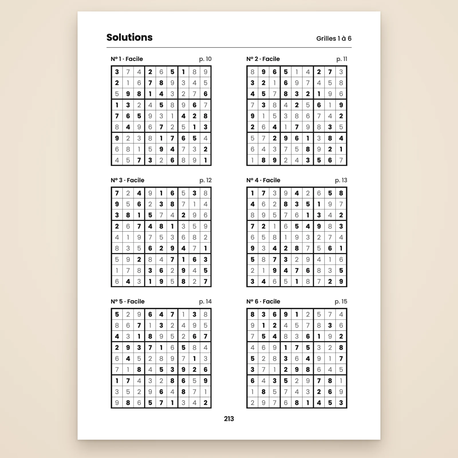Page de solutions des grilles n° 1 à 6 : six grilles résolues, les chiffres de départ en gras