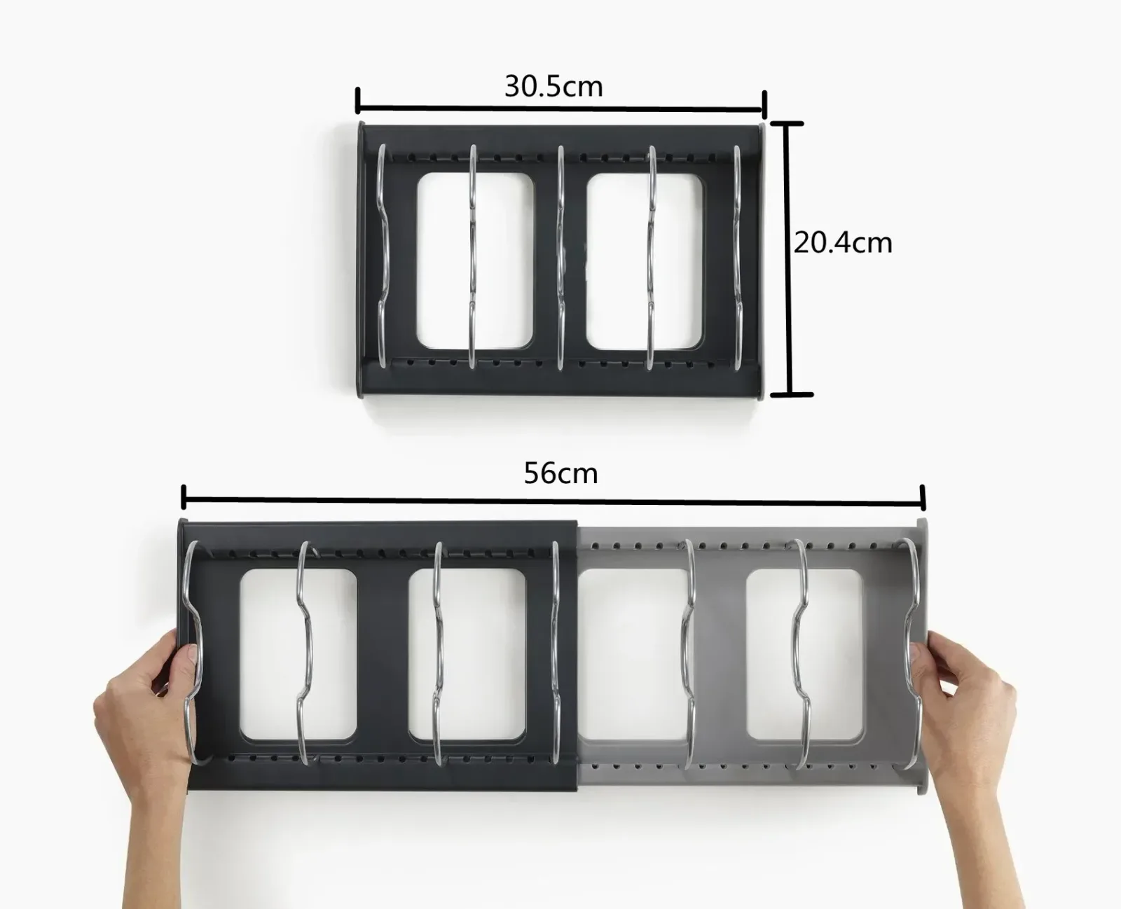 Schéma du support : 30,5 cm de large replié, 56 cm déployé, 20,4 cm de profondeur