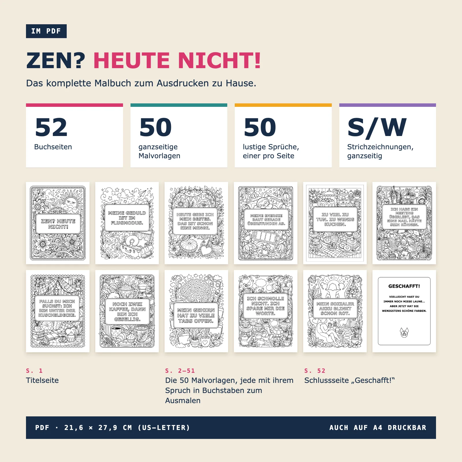 Inhalt des PDFs: die 52 Seiten des Buchs mit 50 ganzseitigen Schwarz-Weiß-Malvorlagen, jede mit einem lustigen Spruch auf Deutsch, einer Titelseite und einer „Geschafft!“-Seite