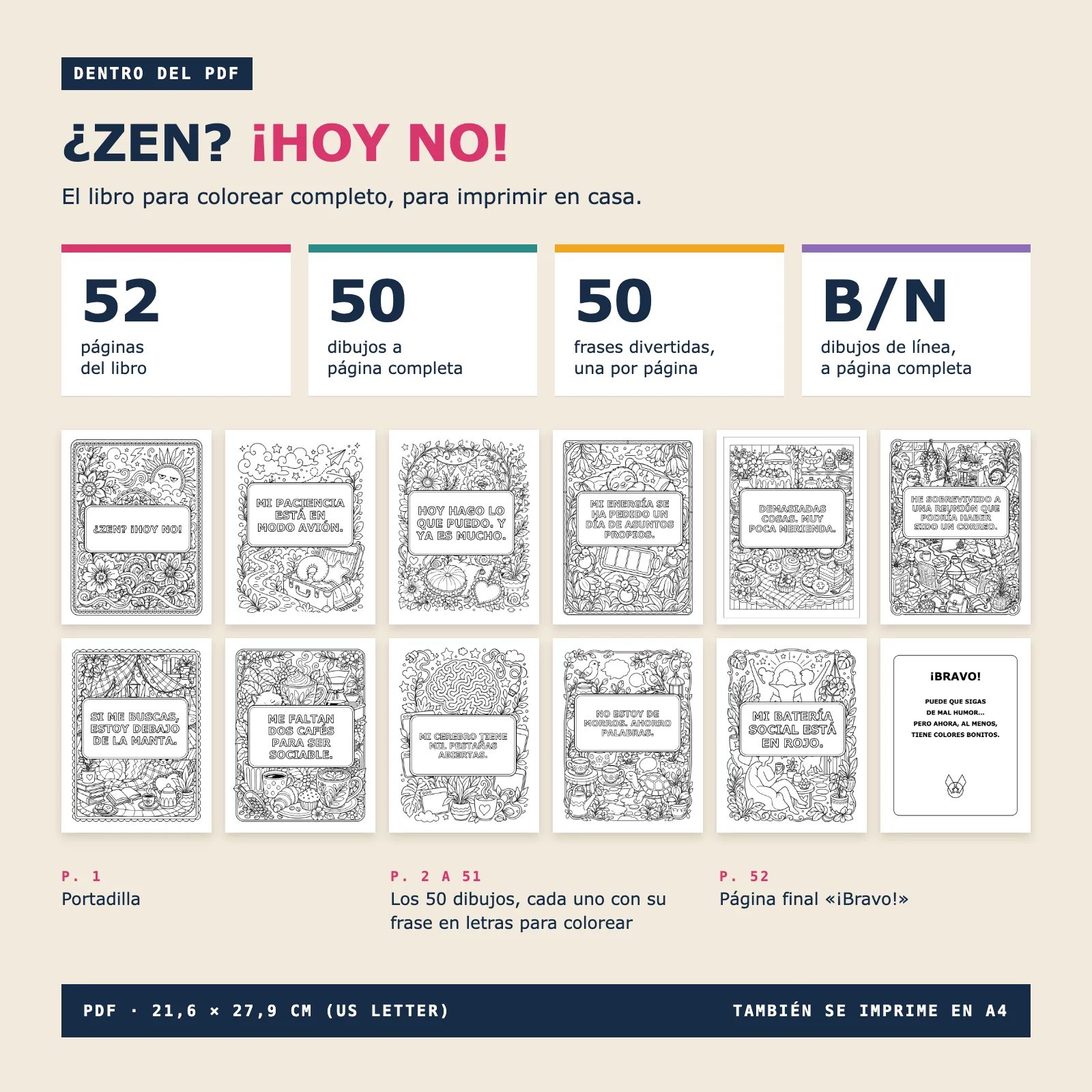Contenido del PDF: las 52 páginas del libro, con 50 dibujos a página completa en blanco y negro, cada uno con una frase divertida en español, una portadilla y una página «¡Bravo!»