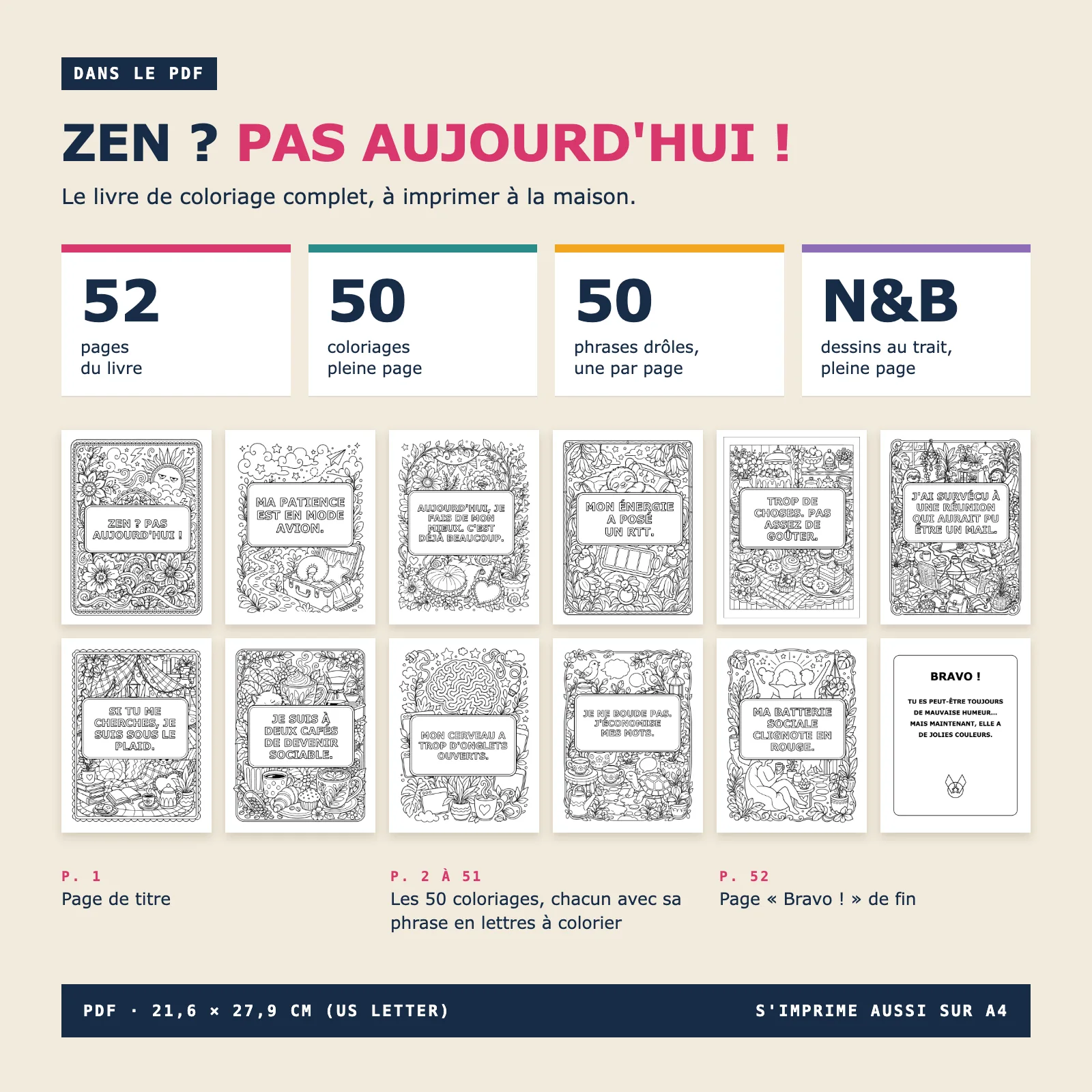Ce que contient le PDF : les 52 pages du livre, avec 50 coloriages pleine page en noir et blanc portant chacun une phrase drôle, une page de titre et une page « Bravo ! »