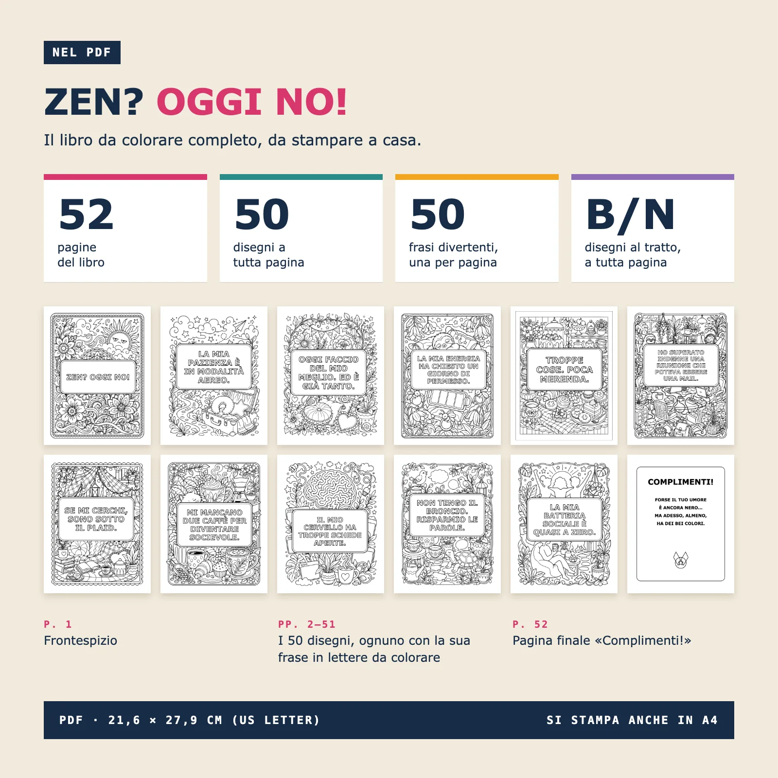 Contenuto del PDF: le 52 pagine del libro, con 50 disegni a tutta pagina in bianco e nero, ognuno con una frase divertente in italiano, un frontespizio e una pagina «Complimenti!»