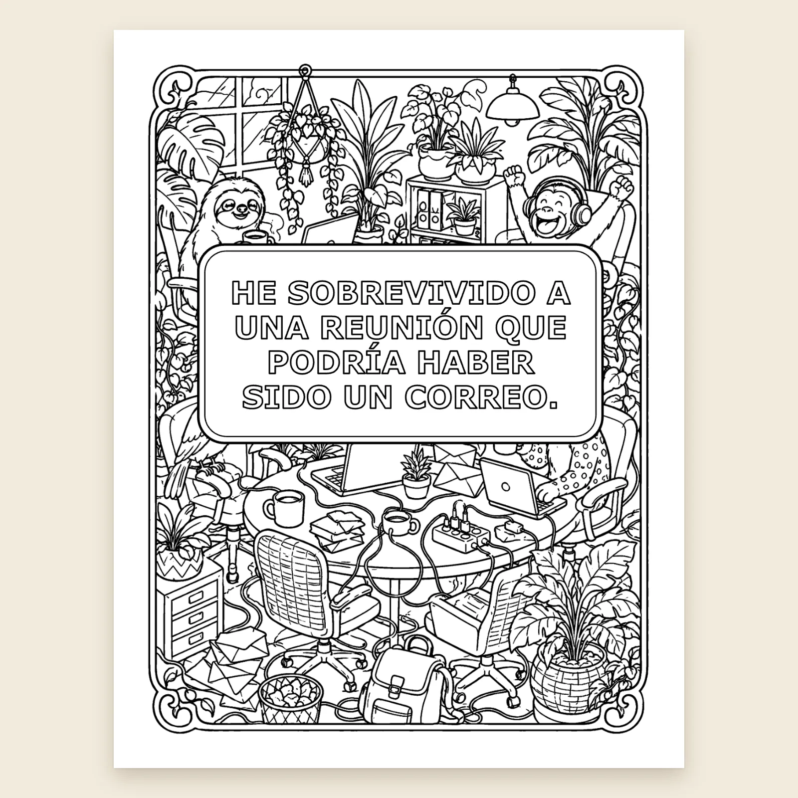 Dibujo «He sobrevivido a una reunión que podría haber sido un correo»: una oficina llena de plantas, portátiles y sobres