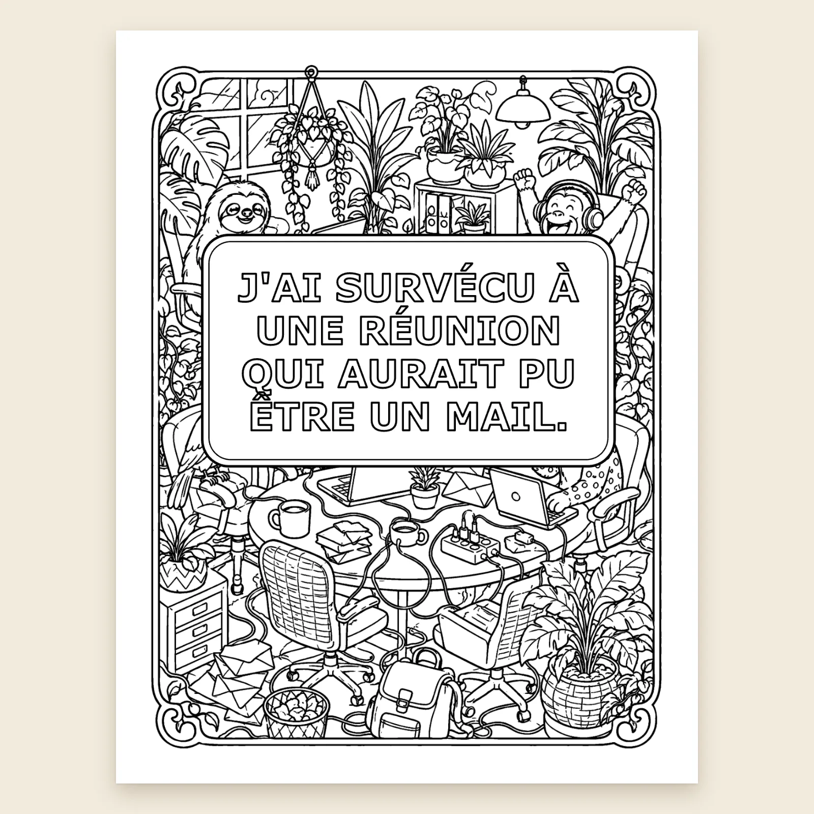 Coloriage « J'ai survécu à une réunion qui aurait pu être un mail » : un bureau rempli de plantes, d'ordinateurs et d'enveloppes
